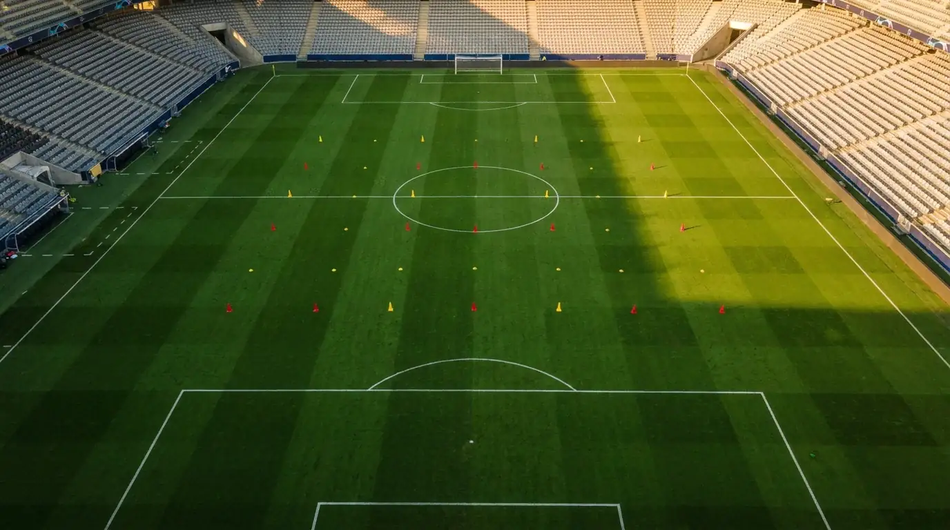 Campo de fútbol con líneas tácticas y análisis de posiciones para mercados de baja varianza