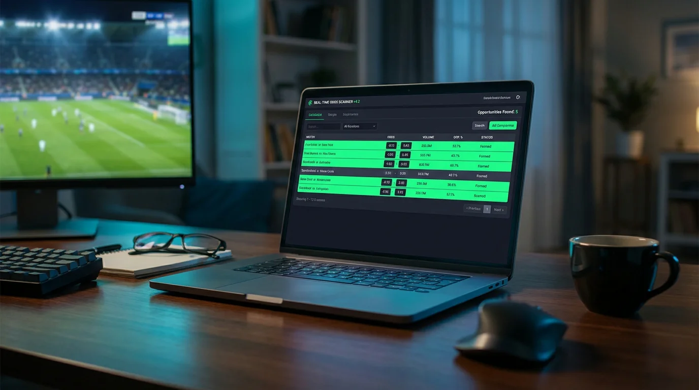 Ordenador portátil con escáner de cuotas de apuestas de fútbol en un escritorio de trabajo