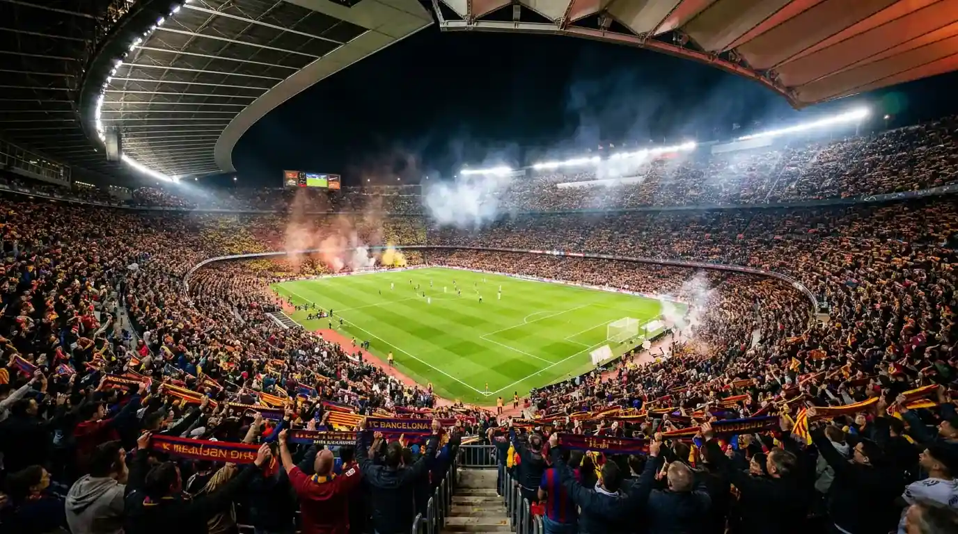 Estadio de fútbol español lleno de aficionados durante un partido de LaLiga