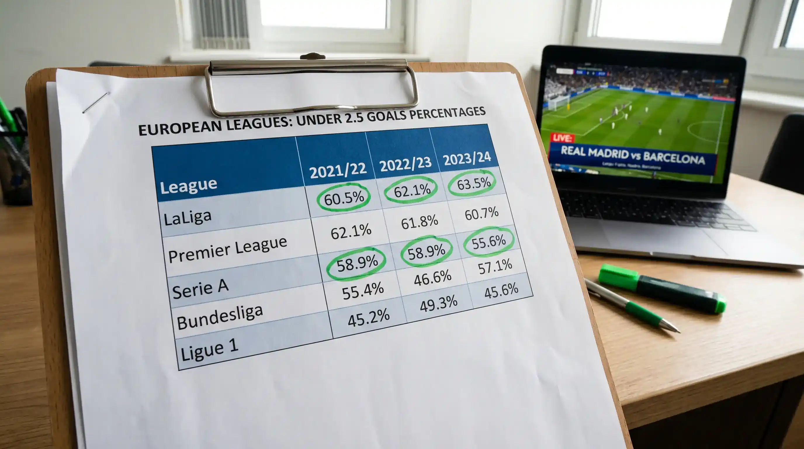 Estadísticas de Under 2.5 goles por liga europea de fútbol